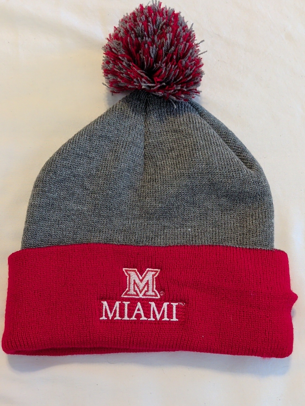 University Of Miami Ohio Gray and Red Knit Pom Beanie Winter Hat
